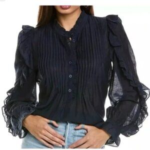Zadig & Voltaire Timmy Tomboy blouse top shirt button ruffle pintuck blue new XS